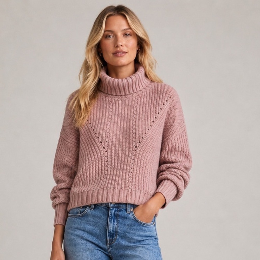 Varley Rogan Cropped Knit Sweater Large Woodrose